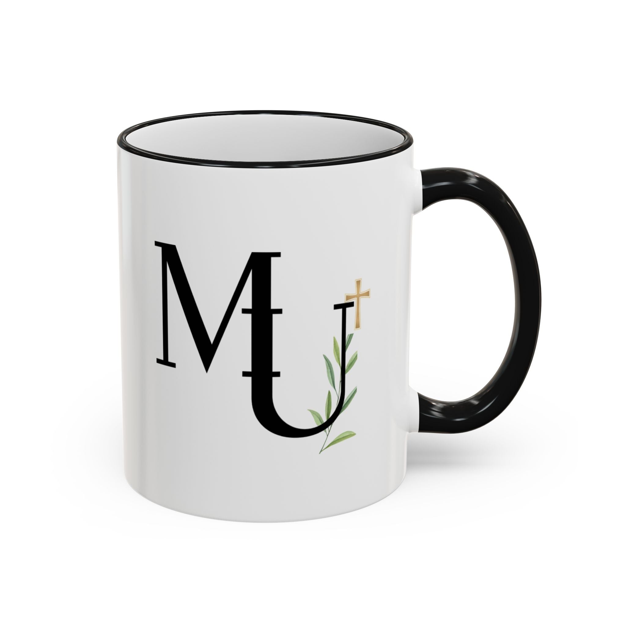 MU Brand Monogram — Floral Cross Accent Rim & Handle Ceramic Mug (11oz/15oz)