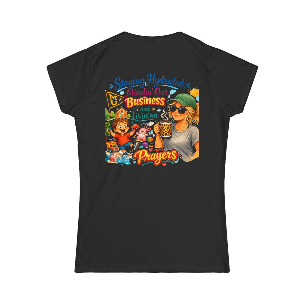 Staying Hydrated, Mindin’ Our Business Women’s Tee – Graphic Prayer & Relaxation Design