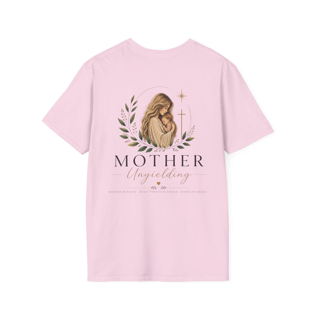 Mother Unyielding T-Shirt | Religious Madonna Illustration, Floral Wreath