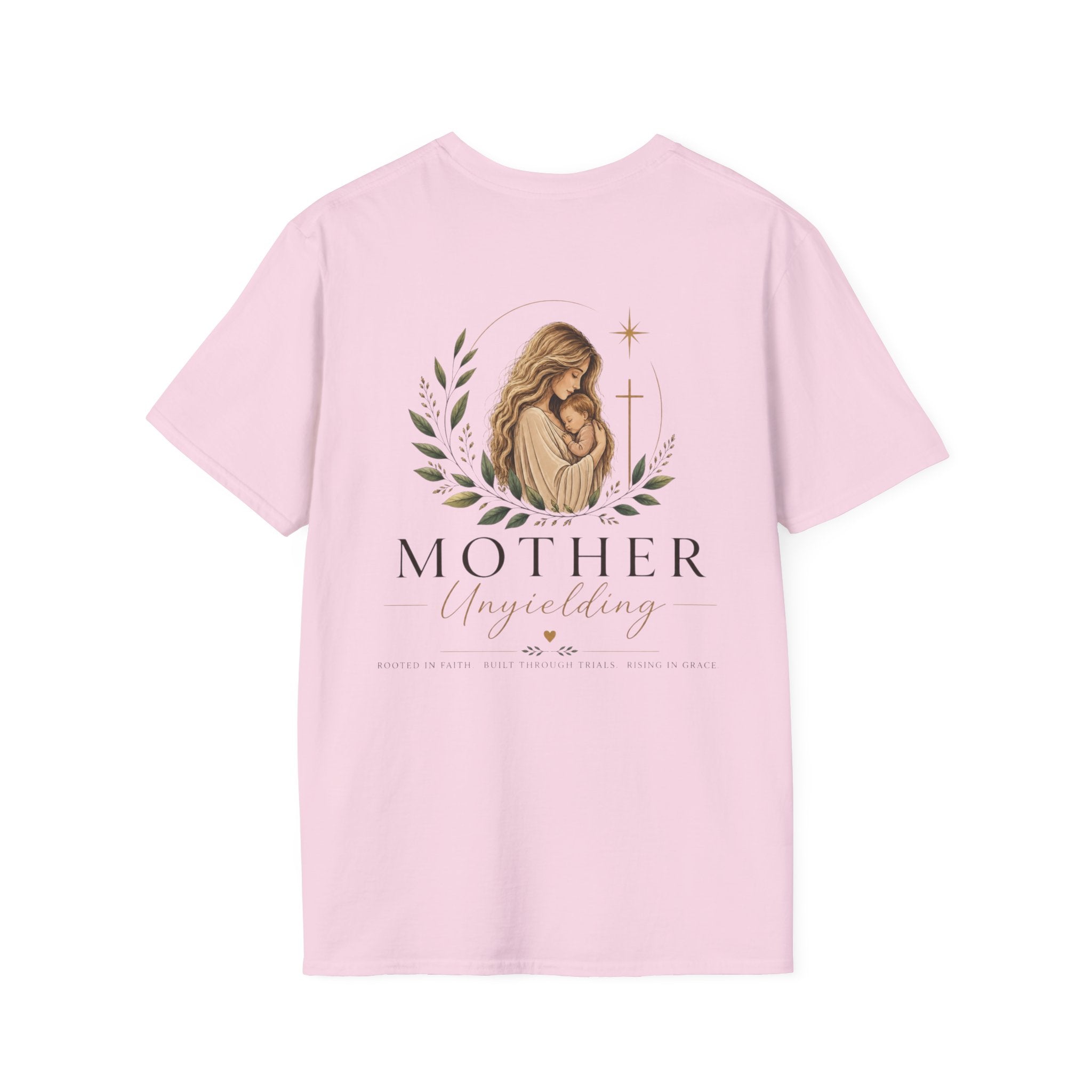 Mother Unyielding T-Shirt | Religious Madonna Illustration, Floral Wreath