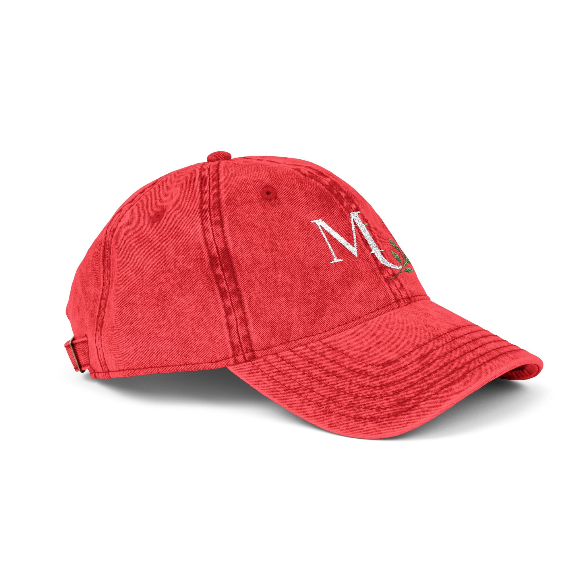 Embroidered Vintage Red Cap with Floral 'MU'  Brand Monogram