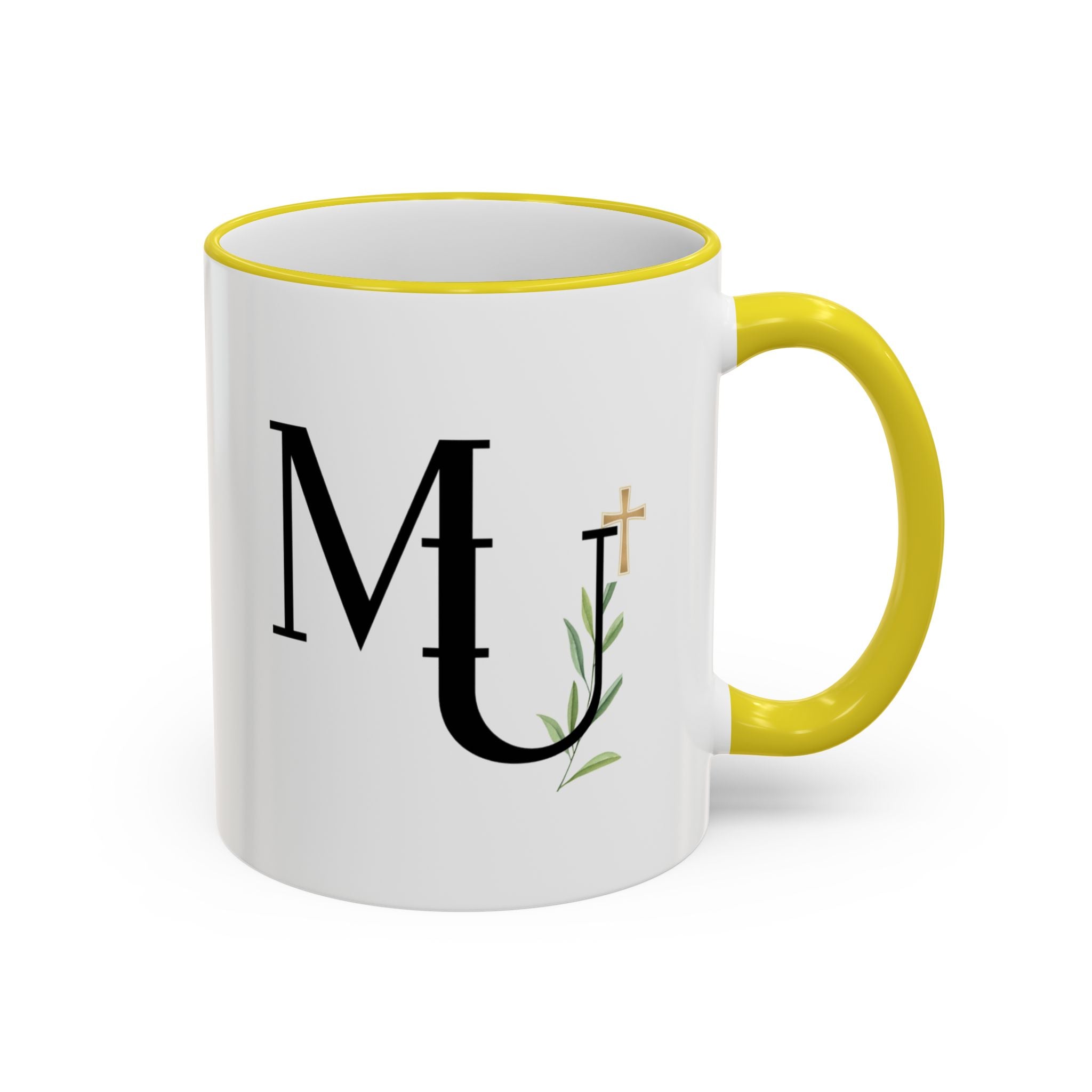 MU Brand Monogram — Floral Cross Accent Rim & Handle Ceramic Mug (11oz/15oz)