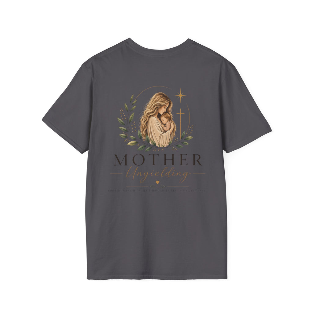 Mother Unyielding T-Shirt | Religious Madonna Illustration, Floral Wreath