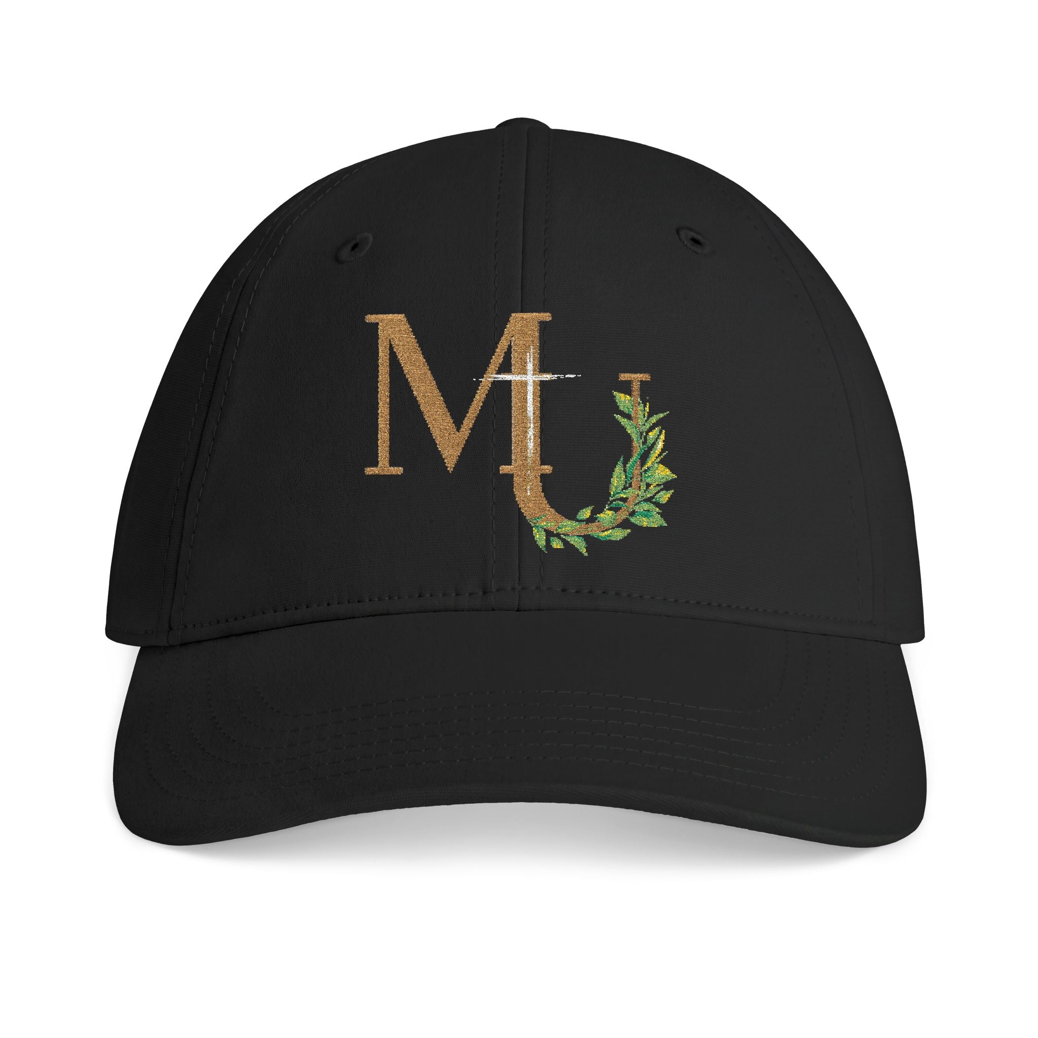 Monogram MU brand Cap — Gold Glitter Letter M with Leaf Vine and Cross Embroidery Hat