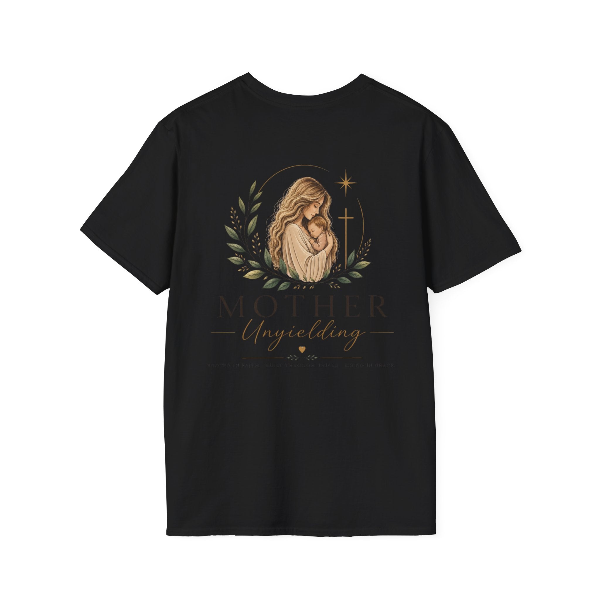 Mother Unyielding T-Shirt | Religious Madonna Illustration, Floral Wreath