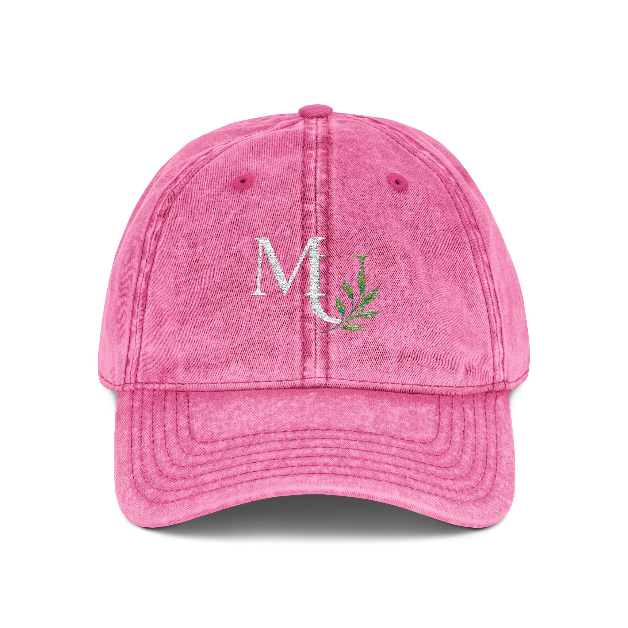 Embroidered Vintage Red Cap with Floral 'MU'  Brand Monogram