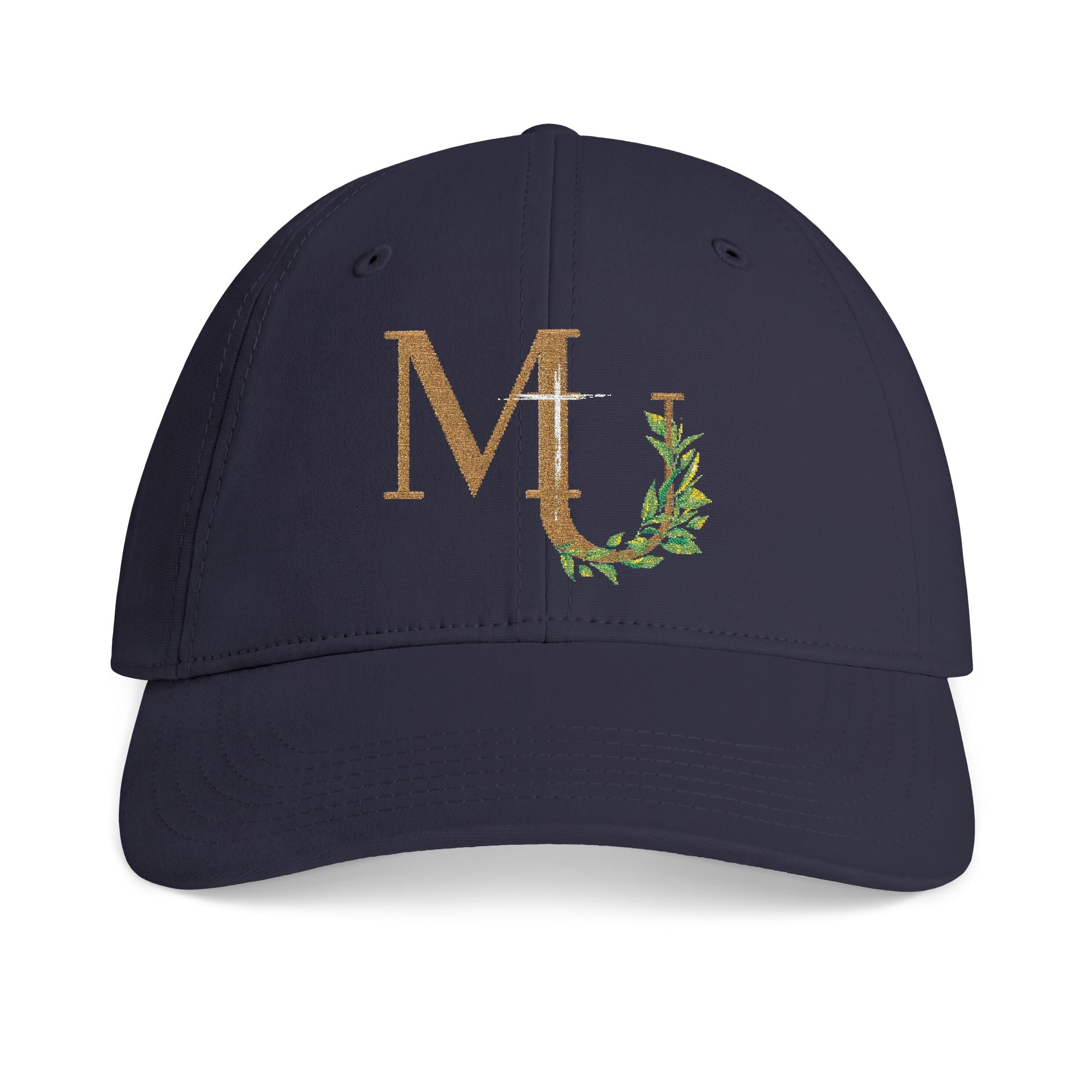 Monogram MU brand Cap — Gold Glitter Letter M with Leaf Vine and Cross Embroidery Hat
