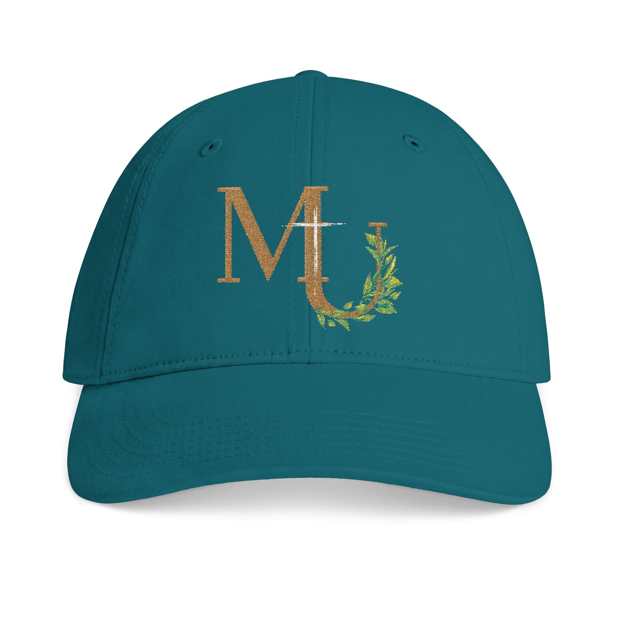 Monogram MU brand Cap — Gold Glitter Letter M with Leaf Vine and Cross Embroidery Hat
