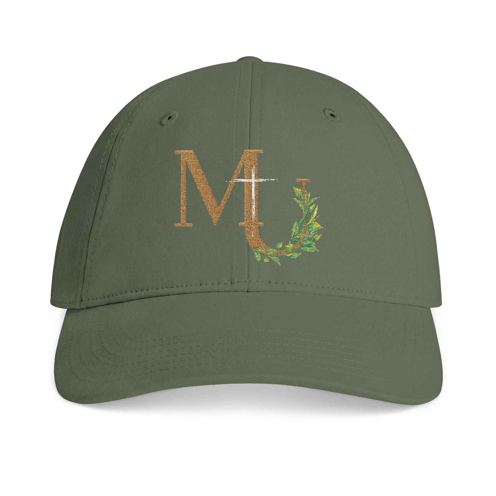 Monogram MU brand Cap — Gold Glitter Letter M with Leaf Vine and Cross Embroidery Hat