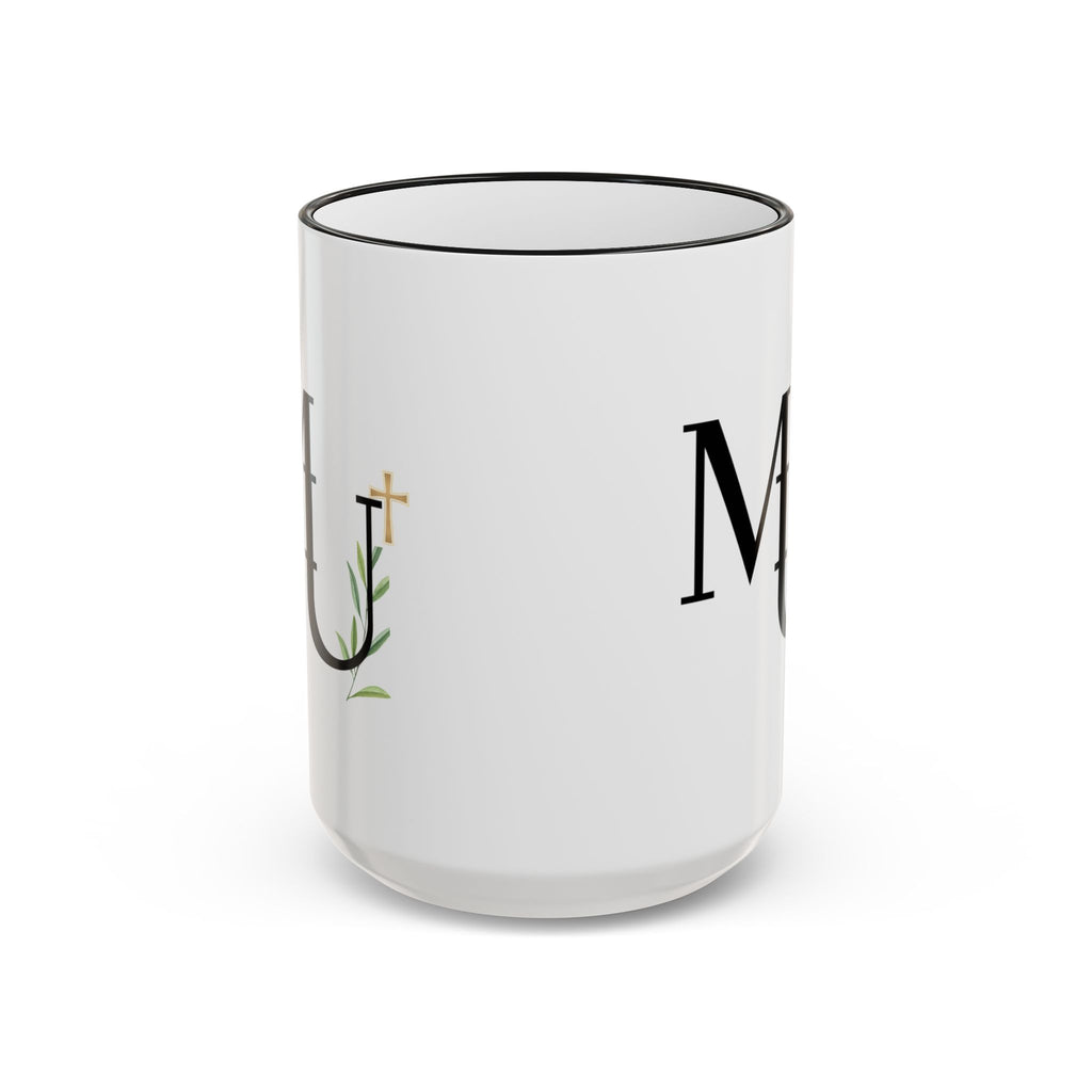 MU Brand Monogram — Floral Cross Accent Rim & Handle Ceramic Mug (11oz/15oz)