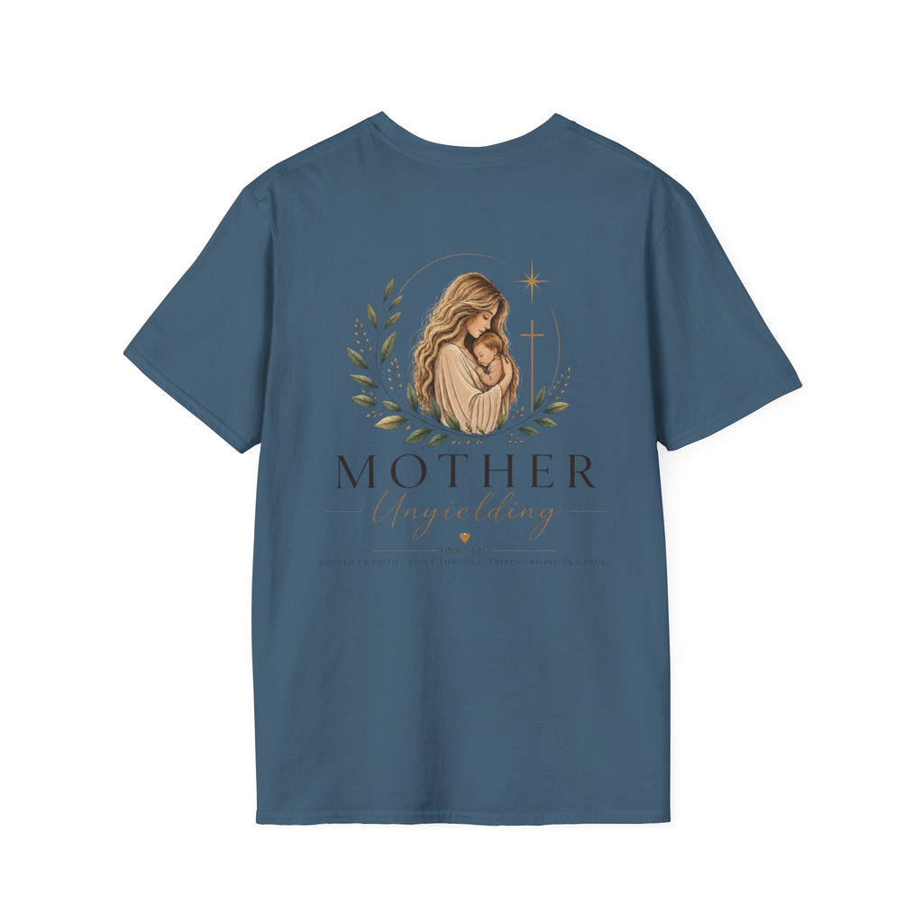 Mother Unyielding T-Shirt | Religious Madonna Illustration, Floral Wreath