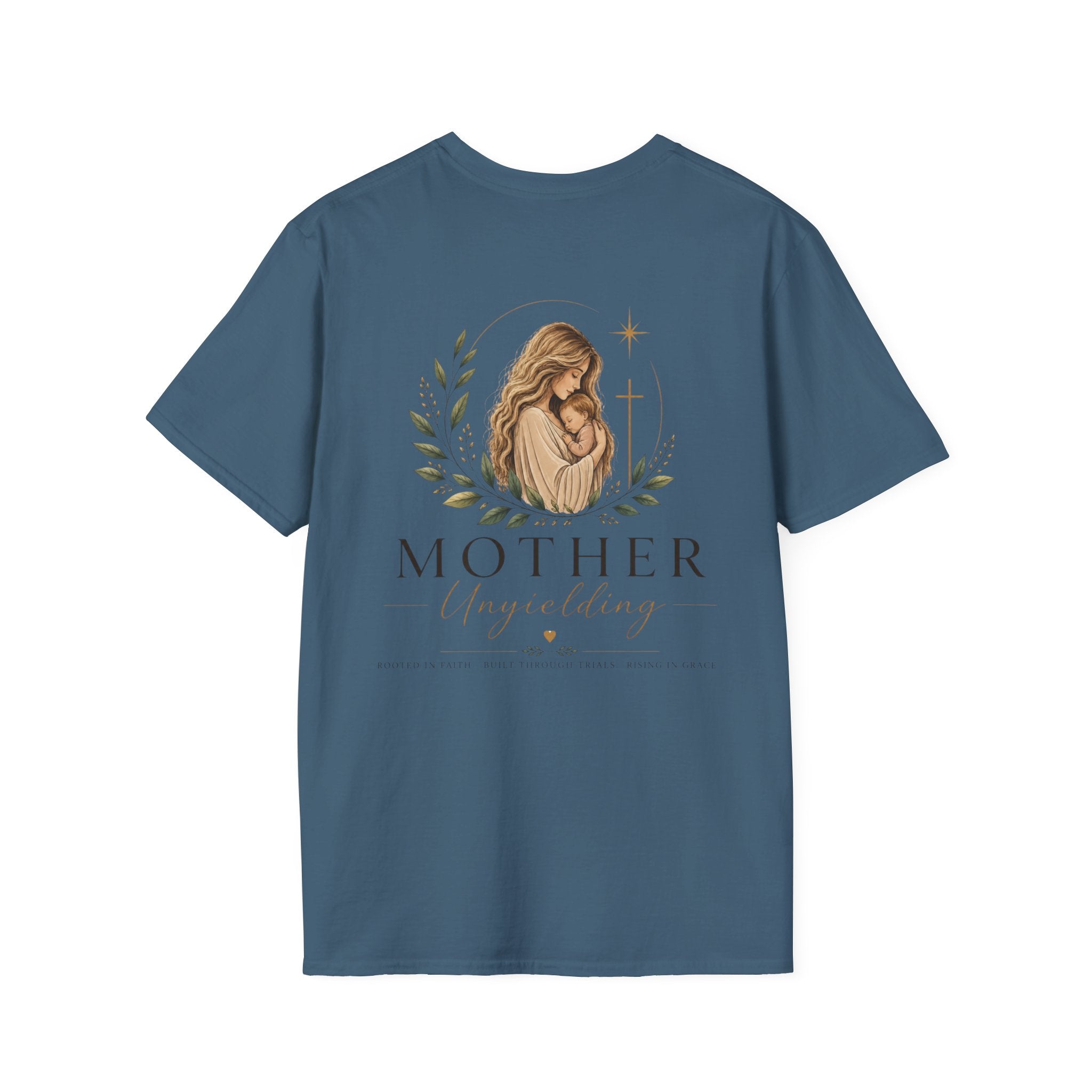 Mother Unyielding T-Shirt | Religious Madonna Illustration, Floral Wreath