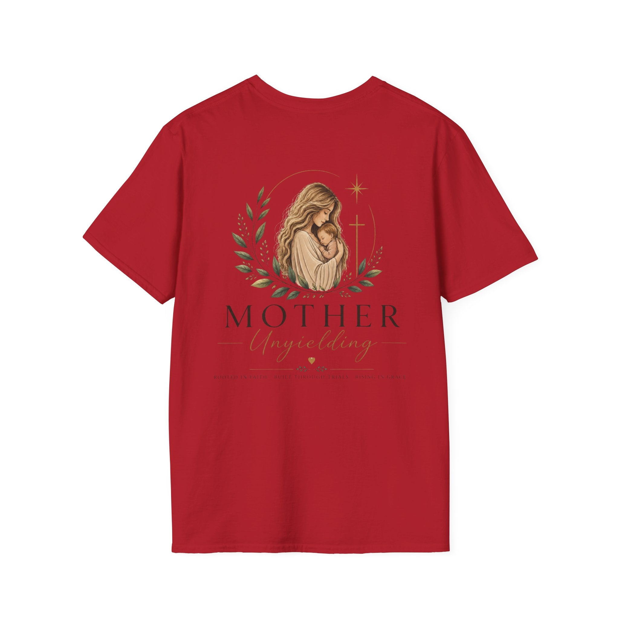 Mother Unyielding T-Shirt | Religious Madonna Illustration, Floral Wreath