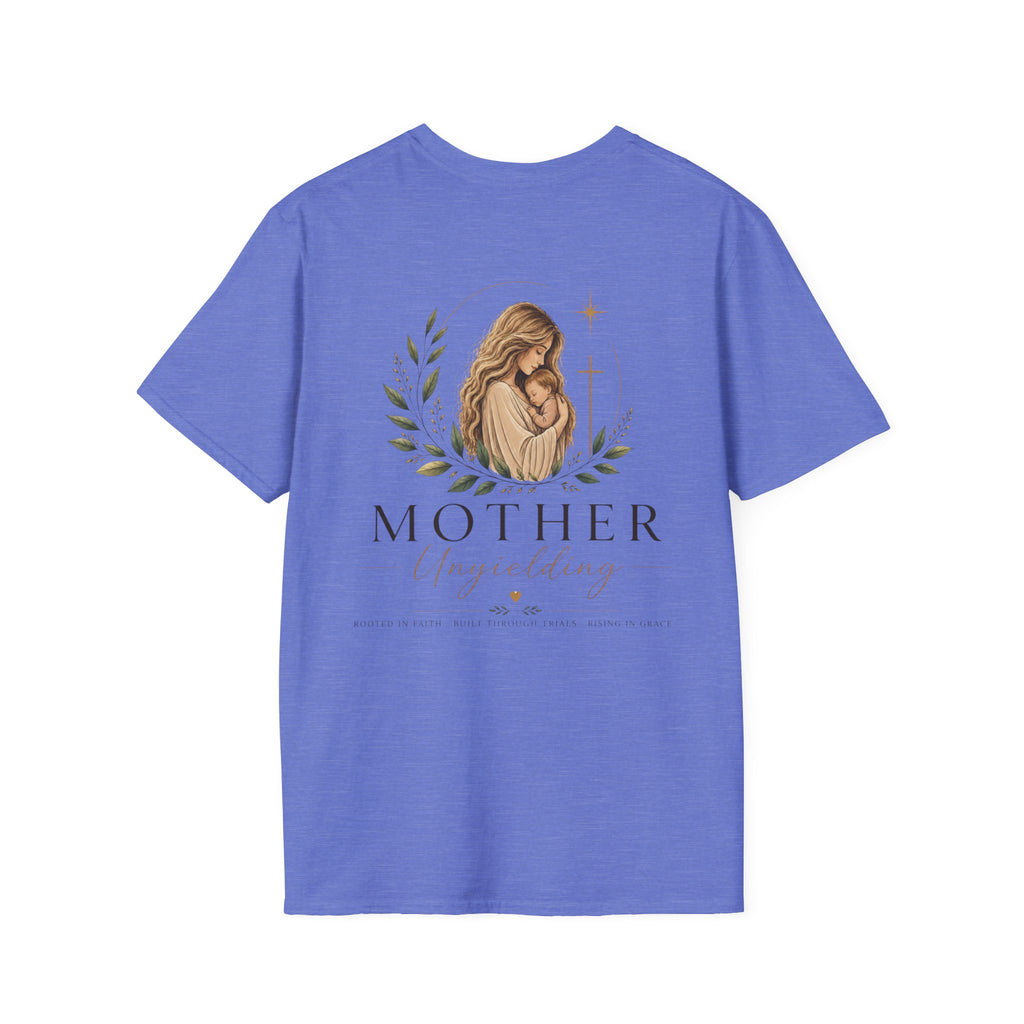 Mother Unyielding T-Shirt | Religious Madonna Illustration, Floral Wreath