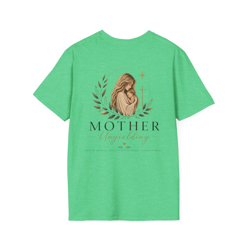 Mother Unyielding T-Shirt | Religious Madonna Illustration, Floral Wreath