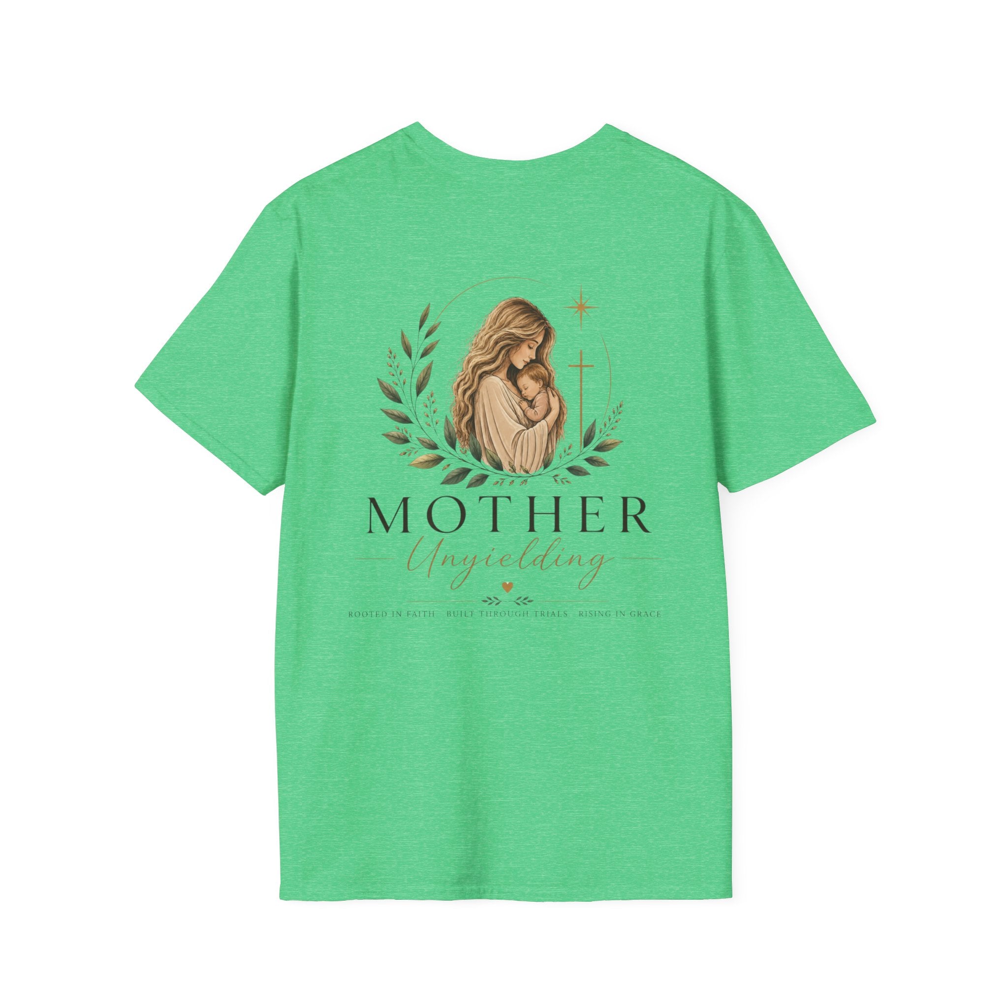 Mother Unyielding T-Shirt | Religious Madonna Illustration, Floral Wreath
