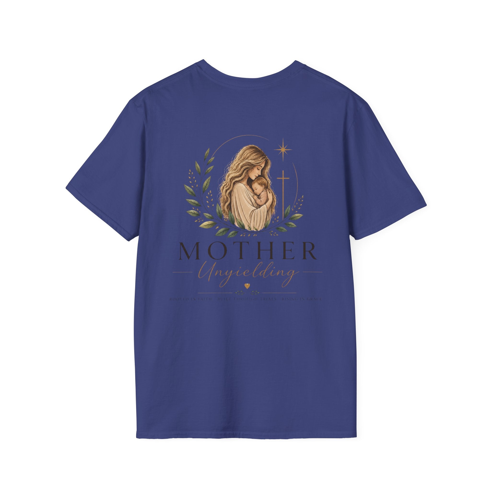 Mother Unyielding T-Shirt | Religious Madonna Illustration, Floral Wreath