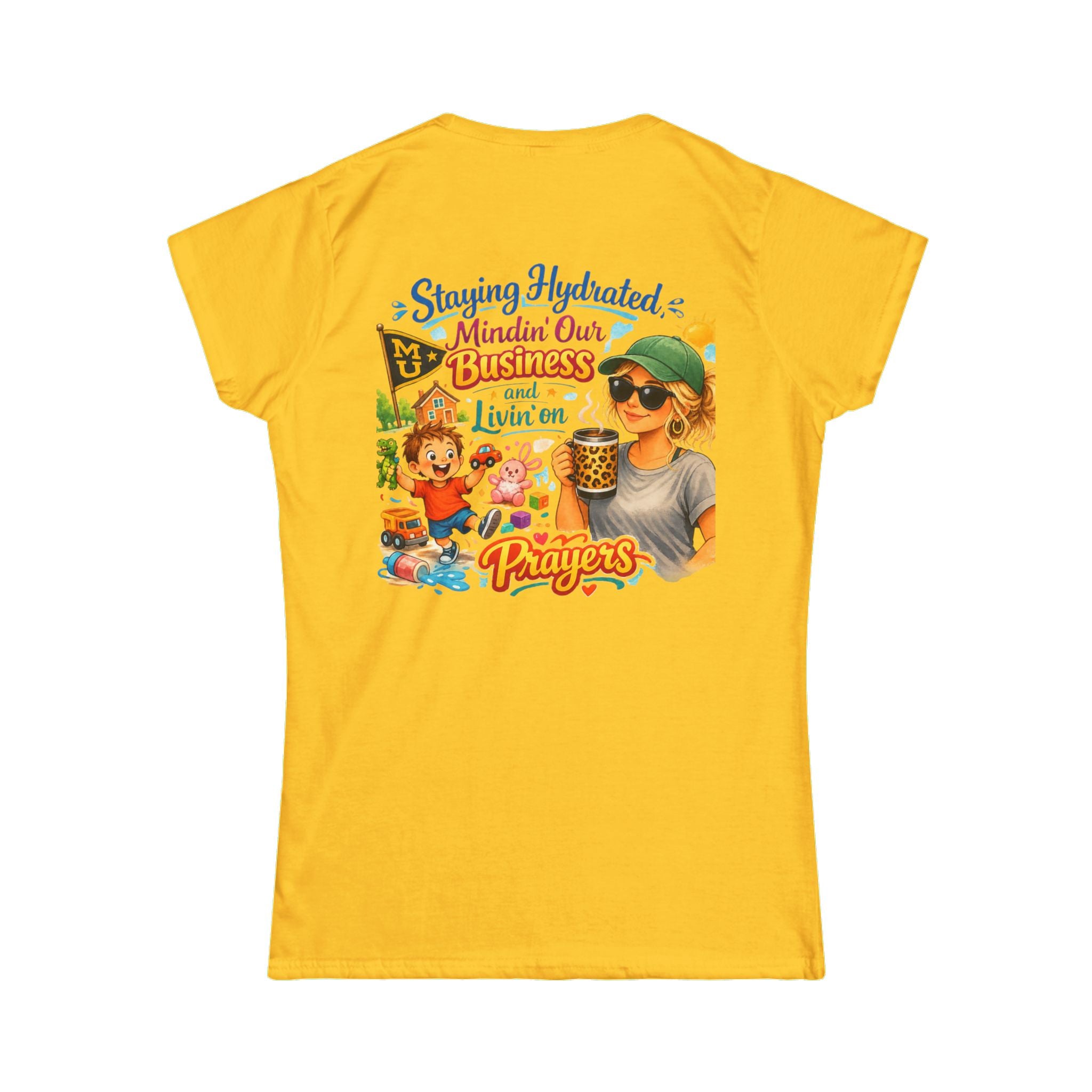 Staying Hydrated, Mindin’ Our Business Women’s Tee – Graphic Prayer & Relaxation Design