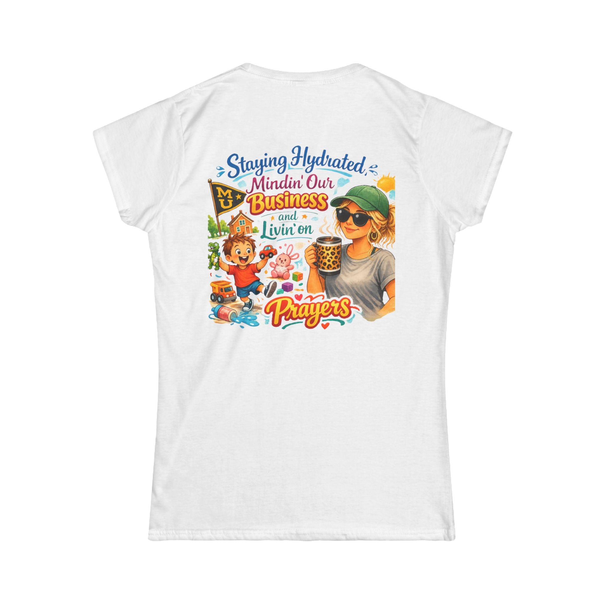 Staying Hydrated, Mindin’ Our Business Women’s Tee – Graphic Prayer & Relaxation Design
