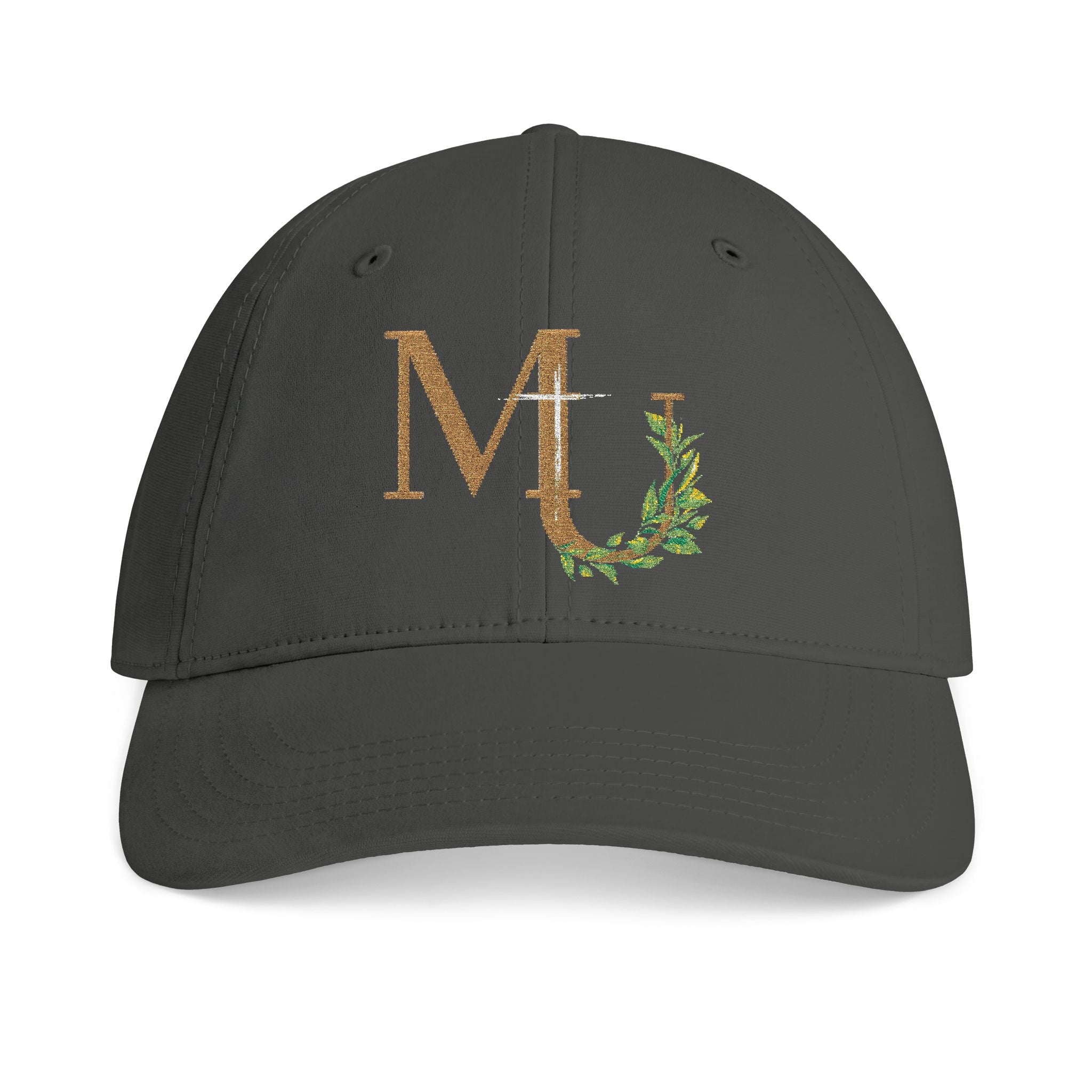 Monogram MU brand Cap — Gold Glitter Letter M with Leaf Vine and Cross Embroidery Hat