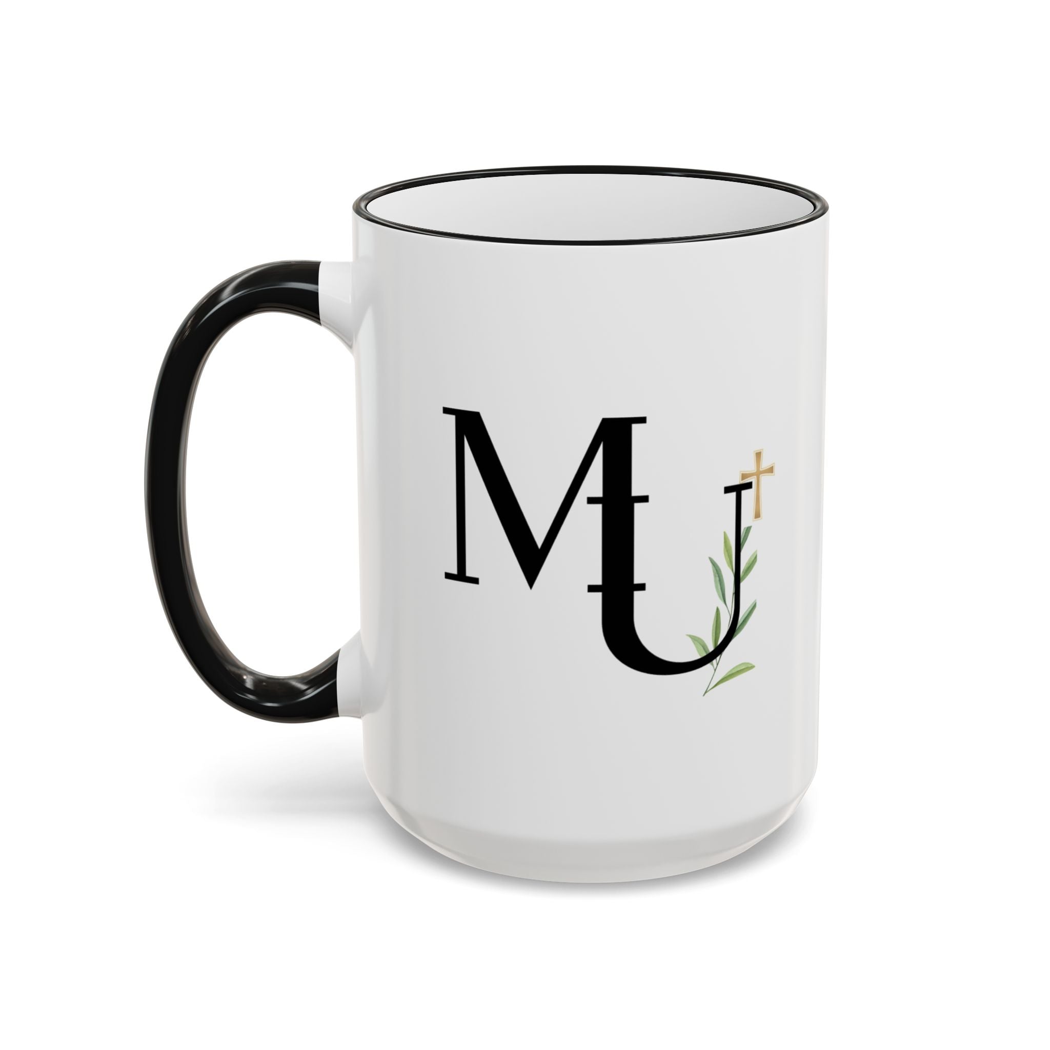 MU Brand Monogram — Floral Cross Accent Rim & Handle Ceramic Mug (11oz/15oz)