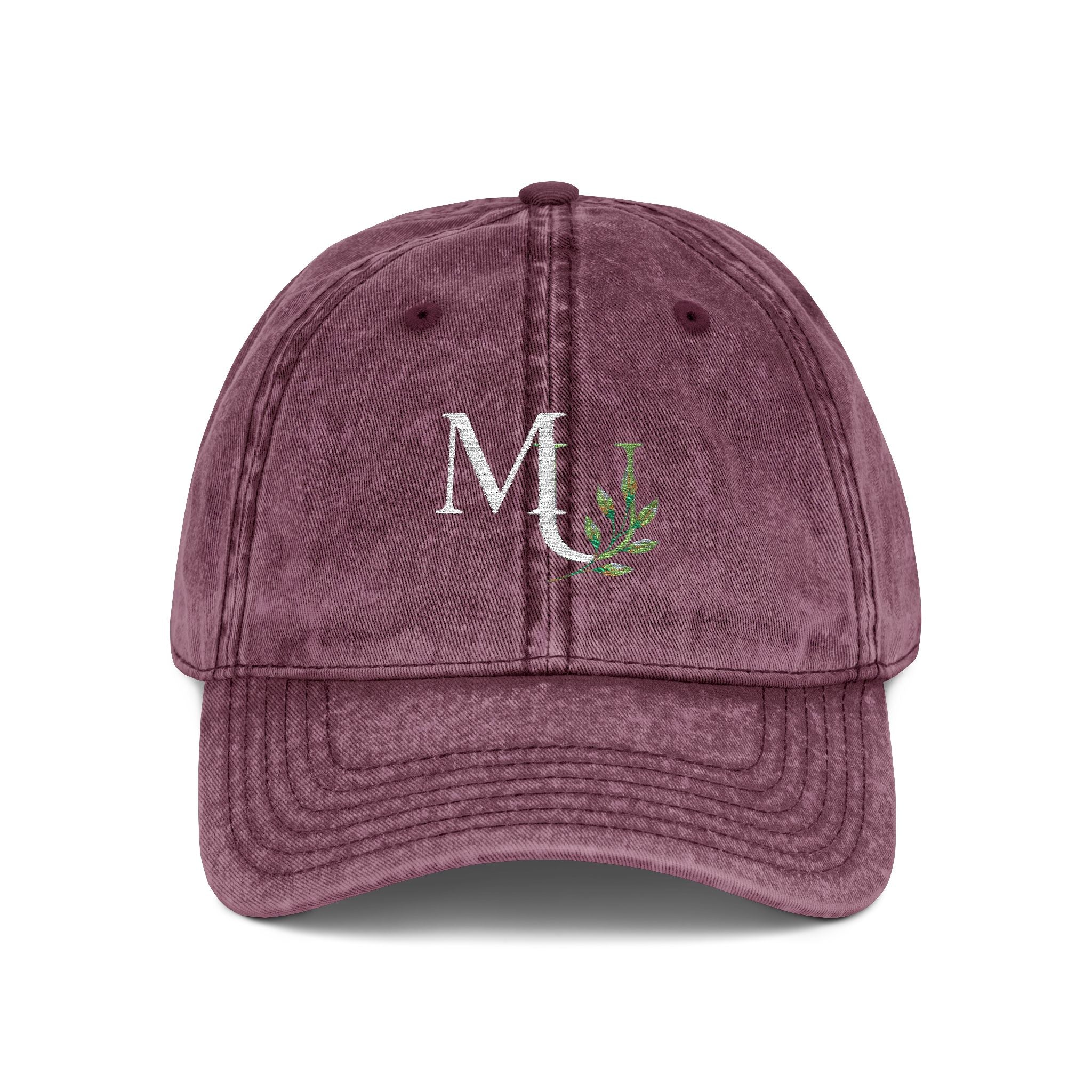 Embroidered Vintage Red Cap with Floral 'MU'  Brand Monogram
