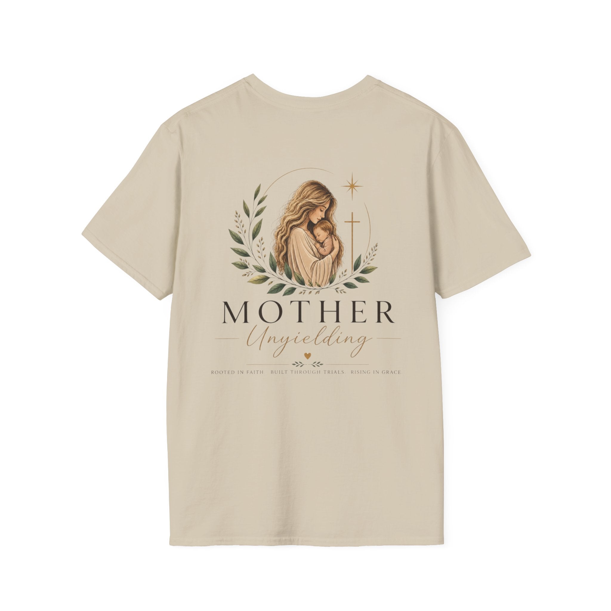 Mother Unyielding T-Shirt | Religious Madonna Illustration, Floral Wreath