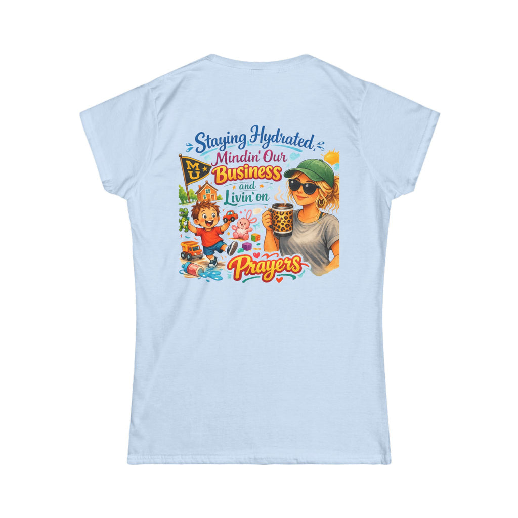 Staying Hydrated, Mindin’ Our Business Women’s Tee – Graphic Prayer & Relaxation Design