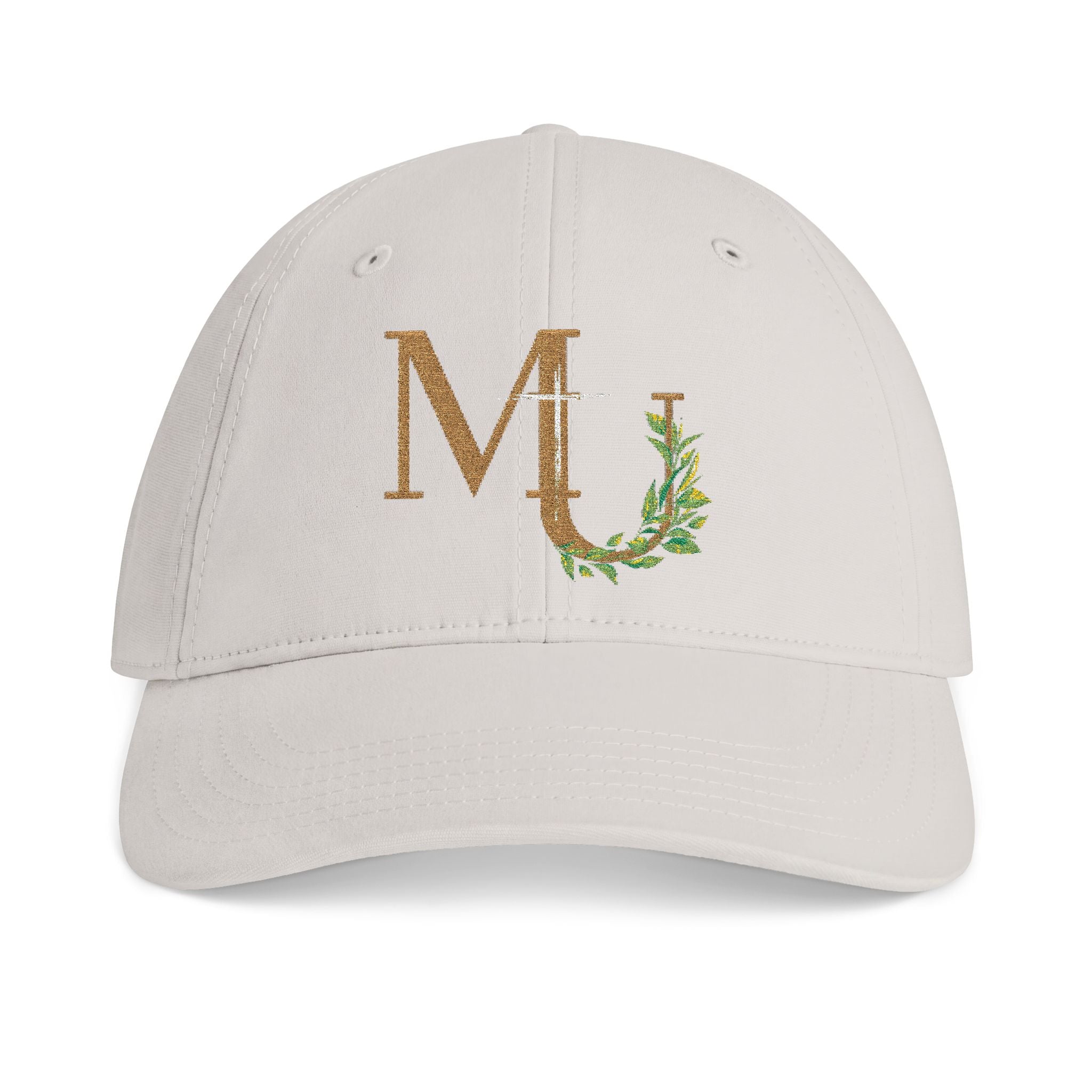 Monogram MU brand Cap — Gold Glitter Letter M with Leaf Vine and Cross Embroidery Hat