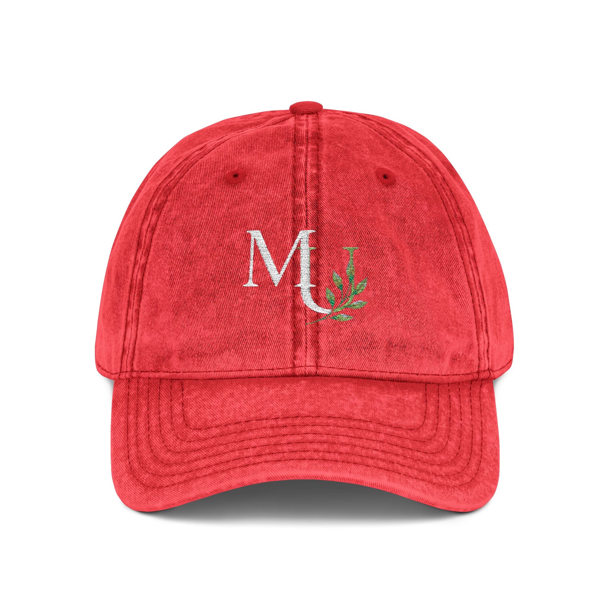Embroidered Vintage Red Cap with Floral 'MU'  Brand Monogram