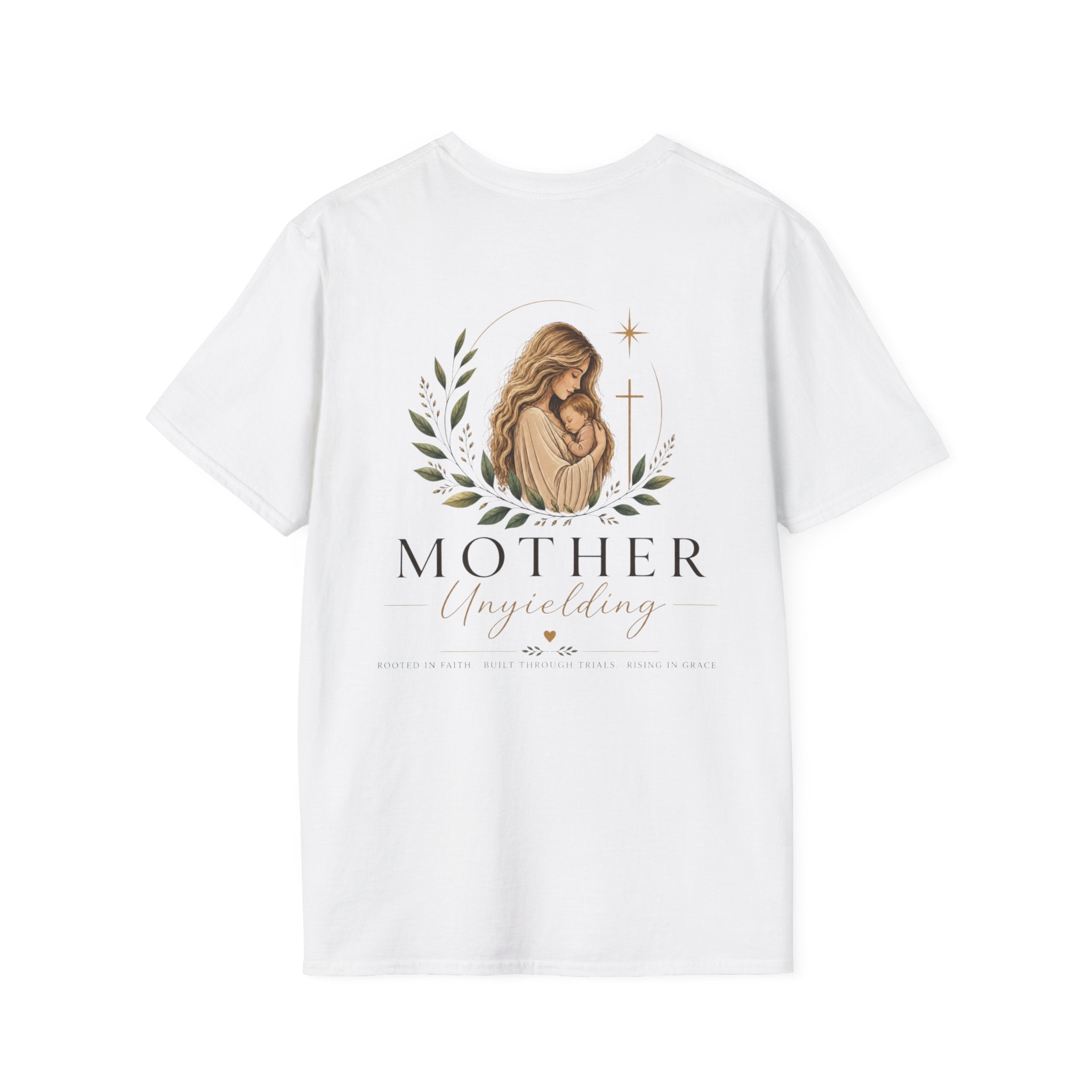 Mother Unyielding T-Shirt | Religious Madonna Illustration, Floral Wreath