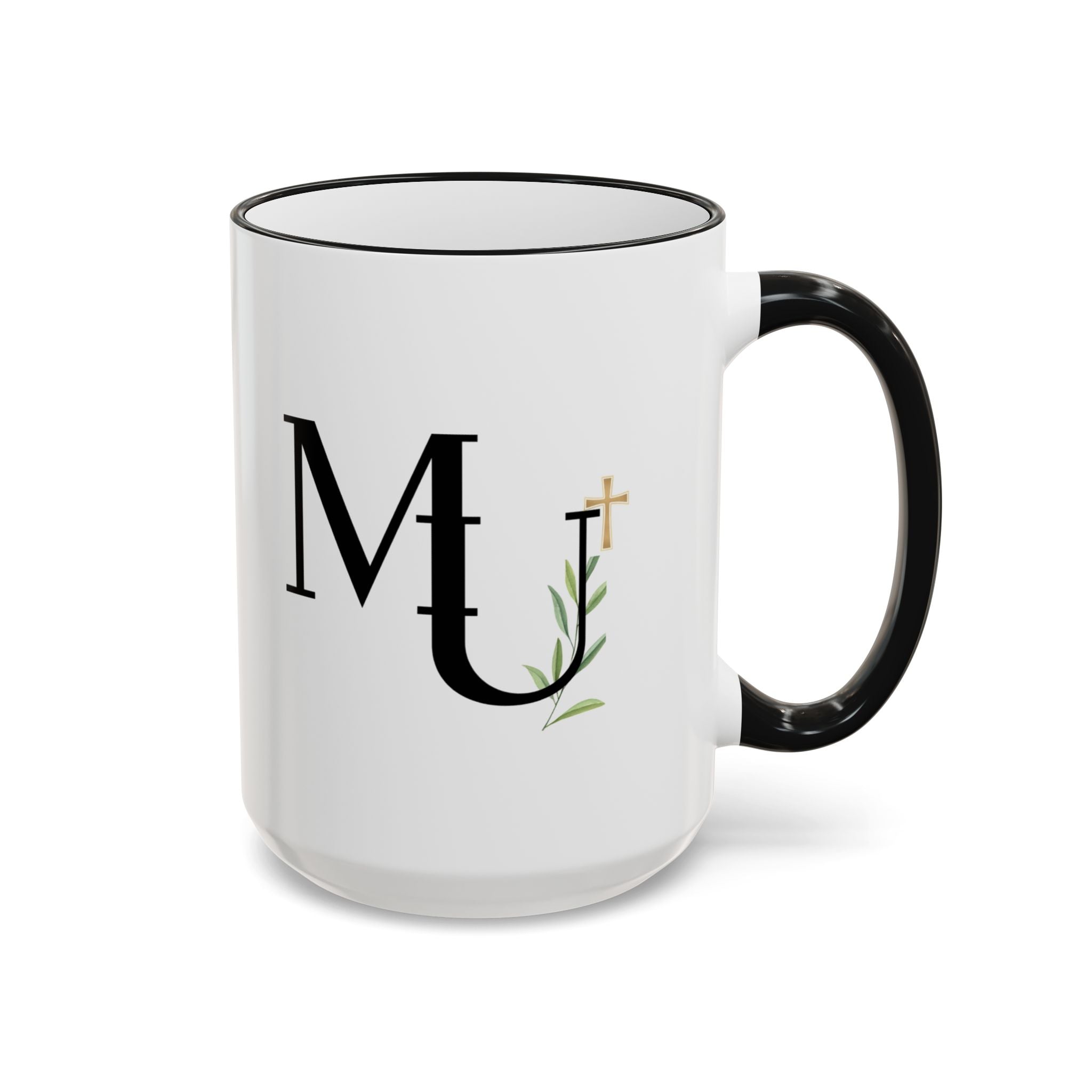 MU Brand Monogram — Floral Cross Accent Rim & Handle Ceramic Mug (11oz/15oz)