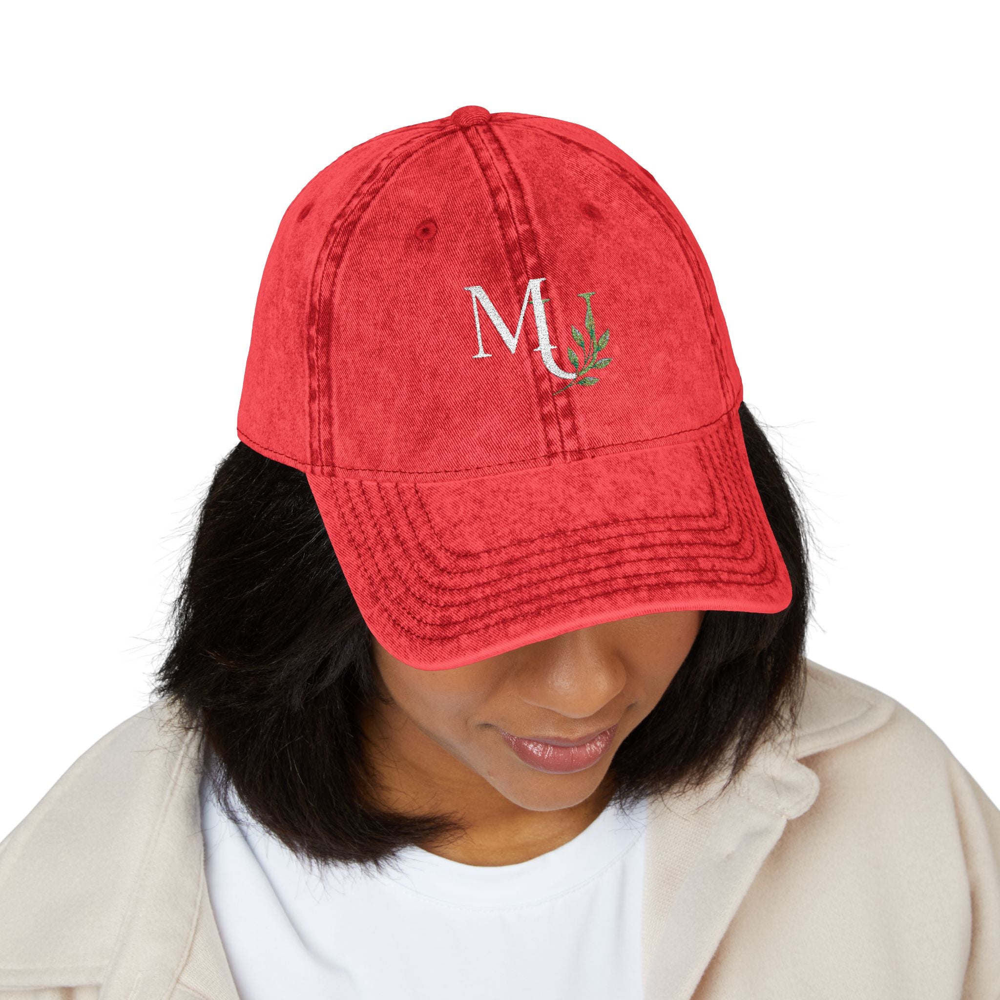 Embroidered Vintage Red Cap with Floral 'MU'  Brand Monogram