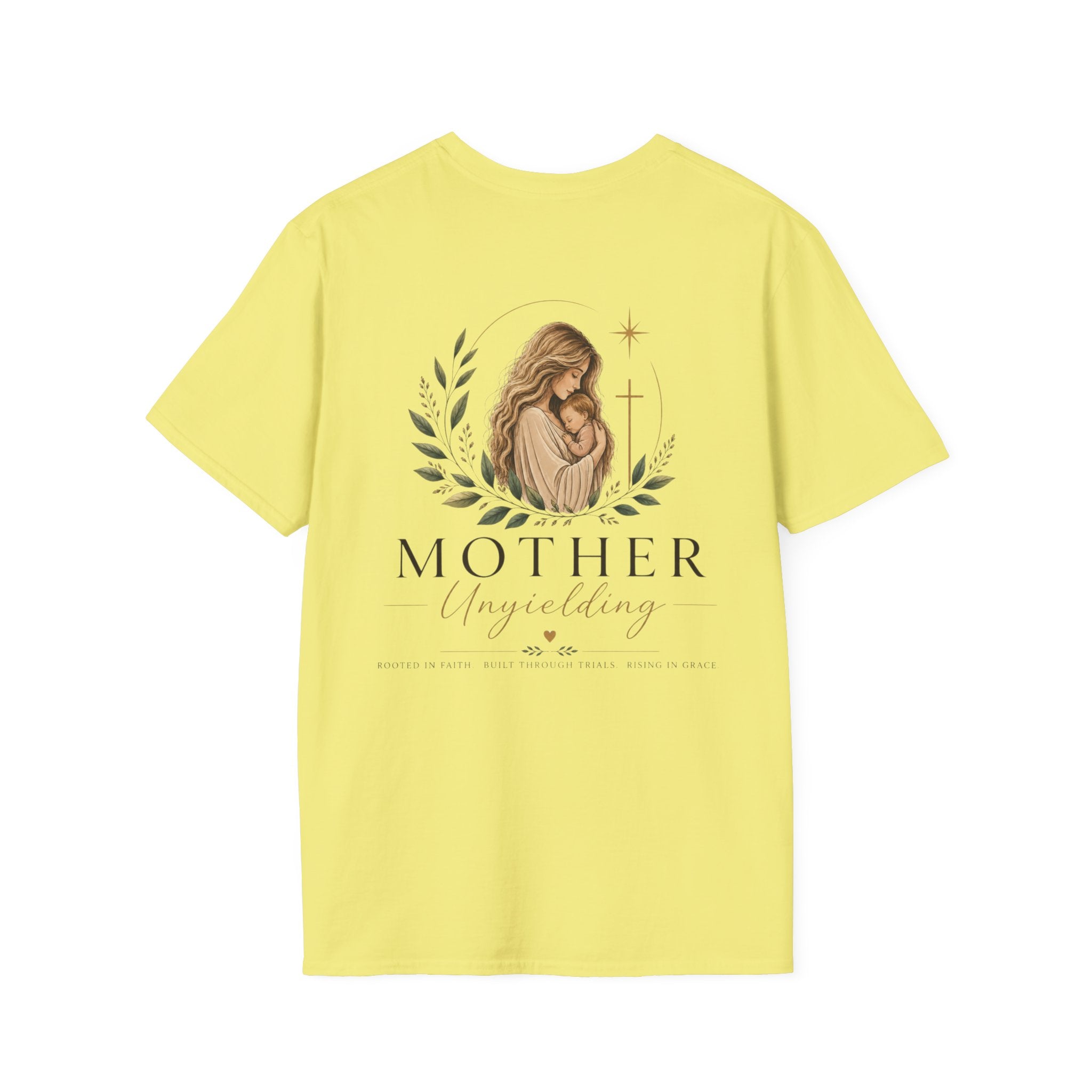 Mother Unyielding T-Shirt | Religious Madonna Illustration, Floral Wreath